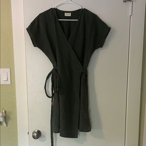 Dark Green Linen Wrap Dress